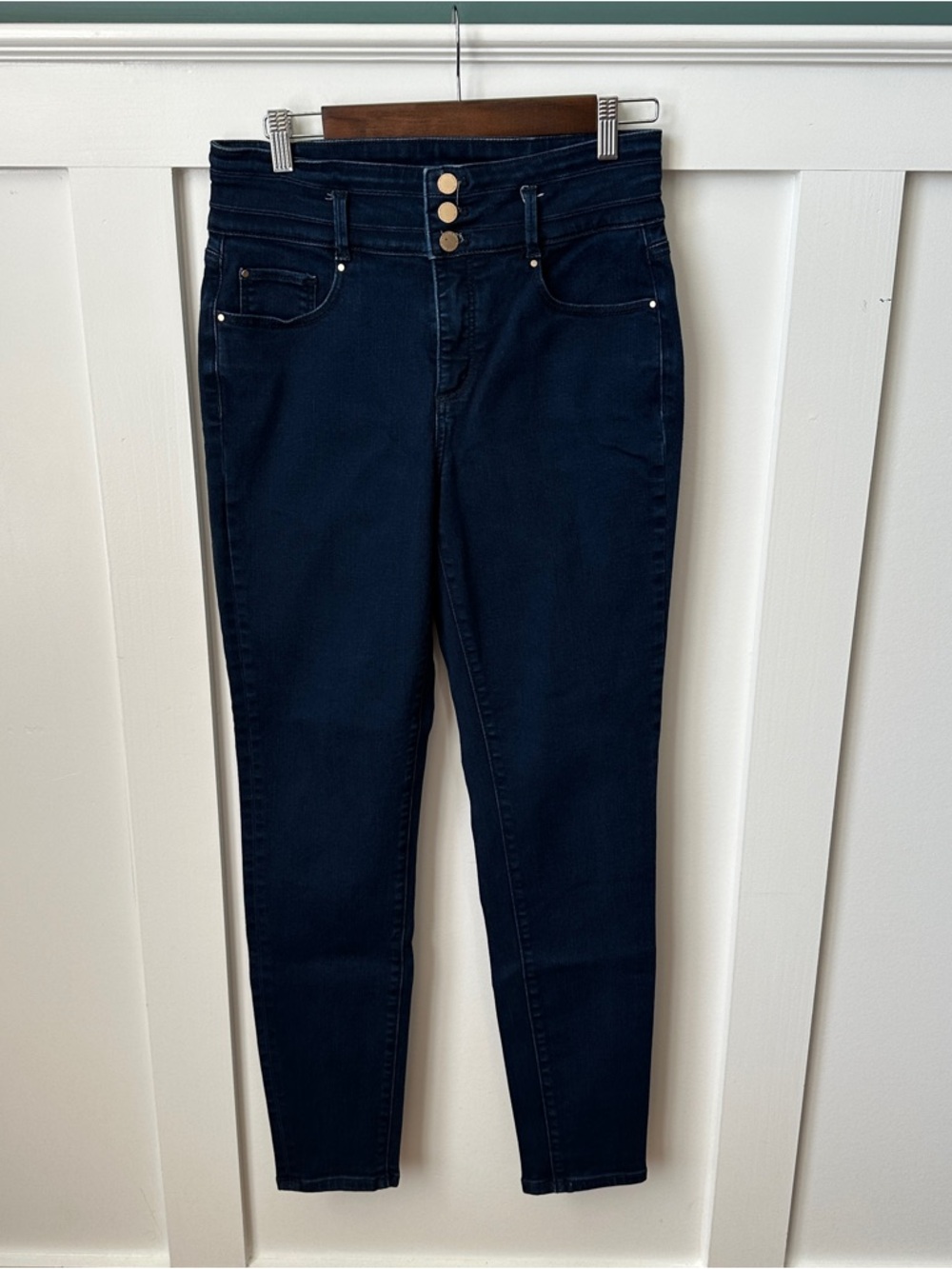 Ann Taylor High-Rise Navy Triple-Button Skinny Jeans